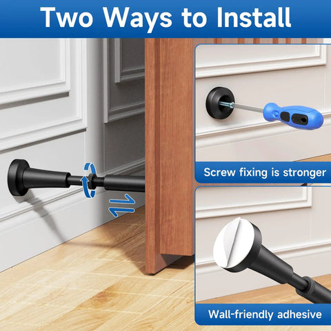 Installation options for Built Like A Tank Adjustable Spring Door Stopper With Non Slip Silicone Pad, showing screw and adhesive methods.