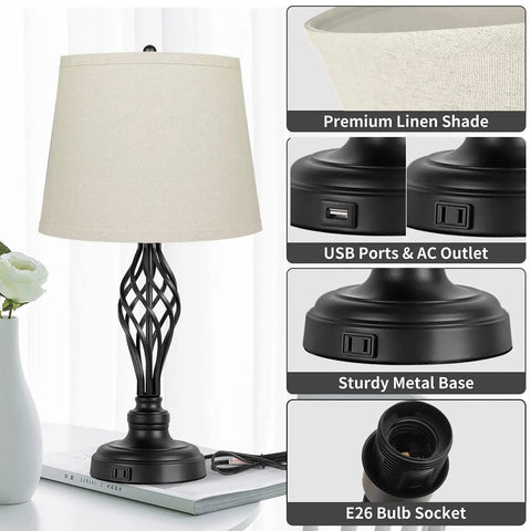 Two Pack Of 3 Way Dimmable Touch Lamps With USB Port And AC Outlet featuring linen shade and metal base, bedroom setting