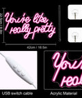 Youre Like Really Pretty Pink Neon Sign LED Light For Wall Decor USB Dimmable Switch Ideal For Bedroom Living Room Home Decor Parties Weddings Bars Cafes And Events, dimensions and USB cable shown