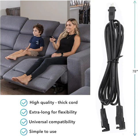Woman and child on recliner with Beefy 29V 2A Dual Motor Power Supply Kit, showing L-shape DC extension cable and Y-splitter.