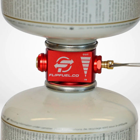 Fuel Transfer Kit For Backpacking And Camping With Flow Control Valve And Integrated Pressure Vent, red adapter on canisters