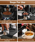 Bad Ass Home Barista Essential Kit Includes 58mm Spring Loaded Tamper Magnetic Wdt Tool Dosing Funnel And Silicone Tamping Mat showing coffee preparation steps.