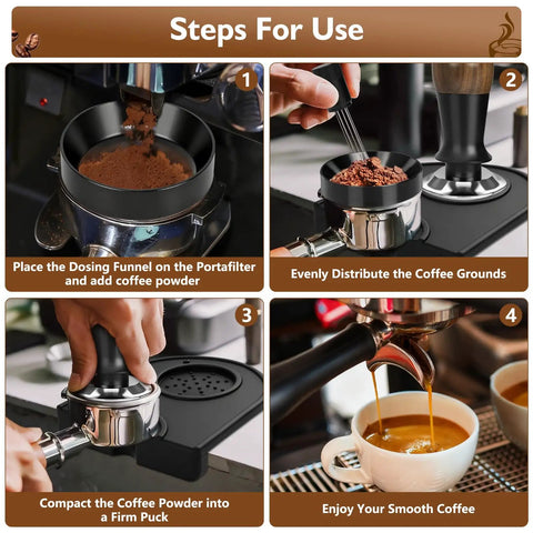 Bad Ass Home Barista Essential Kit Includes 58mm Spring Loaded Tamper Magnetic Wdt Tool Dosing Funnel And Silicone Tamping Mat showing coffee preparation steps.