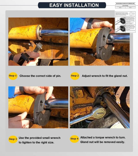 Adjustable Gland Nut Wrench For Hydraulic Cylinders Handy Spanner Wrench For Farm And Construction Equipment Two Slot Claw Fits Gland Nuts From One To Three And Three Quarters Inch Pin Hole Sizes One Quarter And Seven Thirty Seconds in use