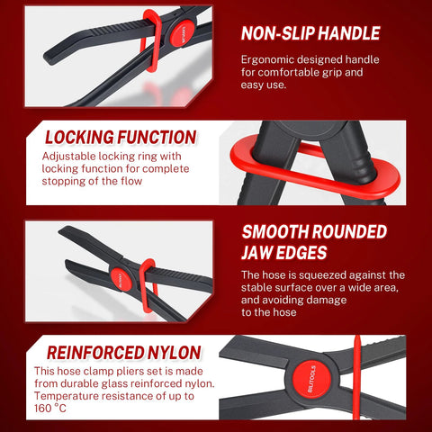 Product features of Hose Pinch Off Pliers Set Straight 5.9 To 10 Inches Clamp Pliers with locking function and reinforced nylon material
