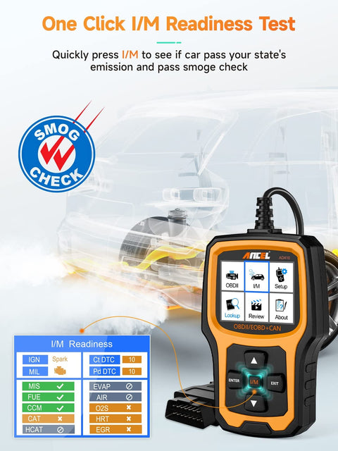 All In One OBD2 Scanner And Code Reader For Check Engine Light Fault Codes Quick Diagnosis On All OBD2 Cars 1996 And Newer With Wide Vehicle Compatibility And CAN Support showing I/M readiness test feature display
