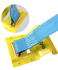 Close-up of yellow powder-coated wheel chock and blue ratchet strap from Wheel Chock Tie Down Kit For ATV UTV And Trailers