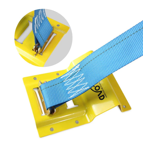 Close-up of yellow powder-coated wheel chock and blue ratchet strap from Wheel Chock Tie Down Kit For ATV UTV And Trailers