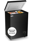 Slick 3.5 Cubic Feet Compact Chest Freezer With Adjustable Thermostat and Nifty Removable Basket, showing open top with food.