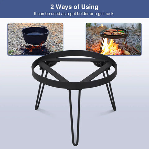 Folding Campfire Tripod for Cooking, showing dutch oven on fire pit and portable grill setup with heavy duty iron design.