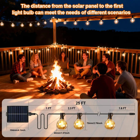 25Ft Solar String Lights Outdoor With Remote And Timer, Waterproof G40 LED Bulbs illuminating a backyard patio at night