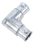1/2 Inch Zinc Alloy 90 Degree Conduit Fitting Inside Corner Pull Elbow Electrical Metallic Tubing Coupling showing silver finish and screws for secure connections.