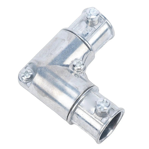 1/2 Inch Zinc Alloy 90 Degree Conduit Fitting Inside Corner Pull Elbow Electrical Metallic Tubing Coupling showing silver finish and screws for secure connections.