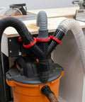 Heavy duty vacuum dust collection system with a 3-way splitter and blast gates, fitting standard 2 1/4 inch hoses for woodworking.