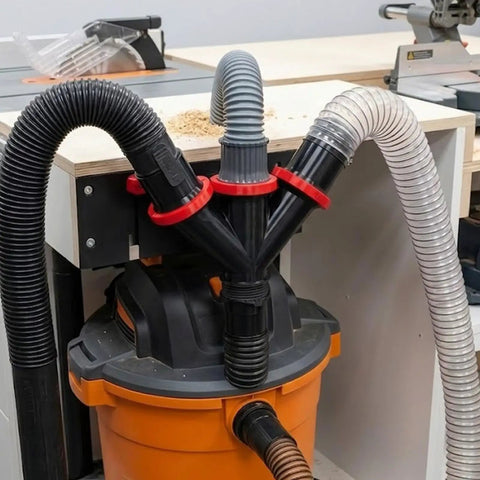 Heavy duty vacuum dust collection system with a 3-way splitter and blast gates, fitting standard 2 1/4 inch hoses for woodworking.