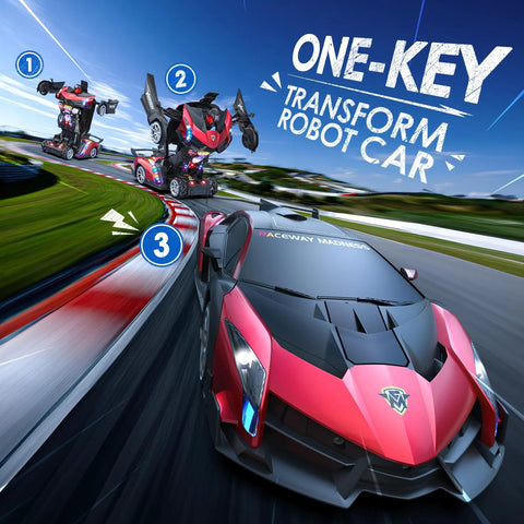 Transforming RC car with two small transforming robots on a race track; red and gray exterior with LED accents