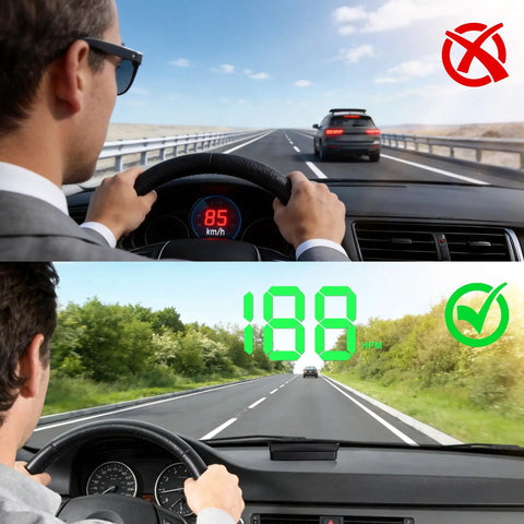 Comparison of driving with digital HUD speedometer projecting on windshield and without. HUD shows 188 MPH in bright daylight.