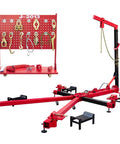 Beefed-Up 5T Auto Body Frame Puller Straightener with red frame, tool board, 6600 lbs capacity, for sedans SUVs and trucks dent repair.