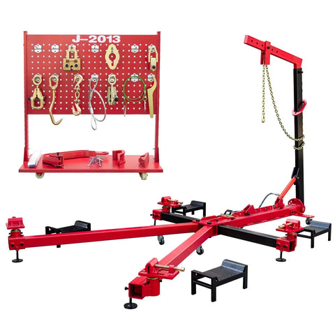Beefed-Up 5T Auto Body Frame Puller Straightener with red frame, tool board, 6600 lbs capacity, for sedans SUVs and trucks dent repair.