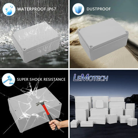 IP67 Waterproof Junction Box Outdoor Project Enclosure Made From Durable ABS Plastic Dustproof Gray Weatherproof Electrical Housing 6.9 x 4.9 x 3 Inch Box For Outdoor Wiring And Electrical Components Protection, gray ABS enclosure shown waterproof and dustproof