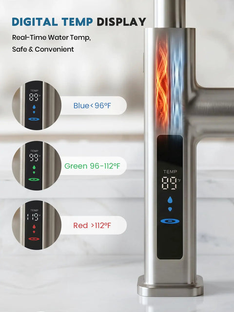 Touchless Pull-Out Kitchen Faucet with 6 Water Outlet Modes, Hands Free Motion Sensor Activated, Battery-Free Temperature Display, KF2209-PRO (Brushed Nickel) showing digital temperature display in real-time.