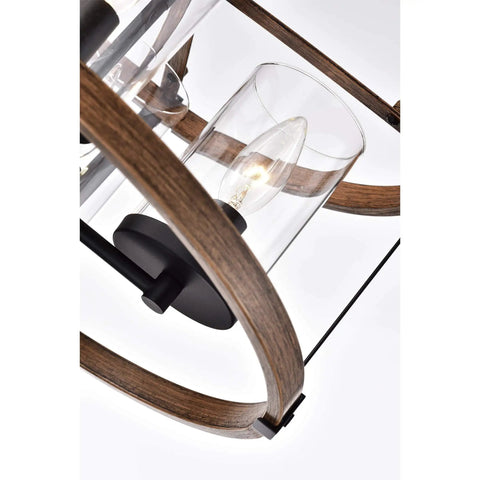 Close-up of Akua Imitation Wood Grain Matte Black Four Light Drum Chandelier showing glass accent and bulb holder detail.
