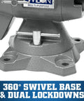 Multi-Purpose Bench Vise With 6-1/2 Inch Jaw Width And 6-1/4 Inch Opening, 3-1/4 Inch Throat, 360 Degree Rotating Head, Indexed At 30 Degree Increments, Replaceable Hardened Steel Jaws, Built-In Anvil, Serrated Jaws For Secure Grip, swivel base