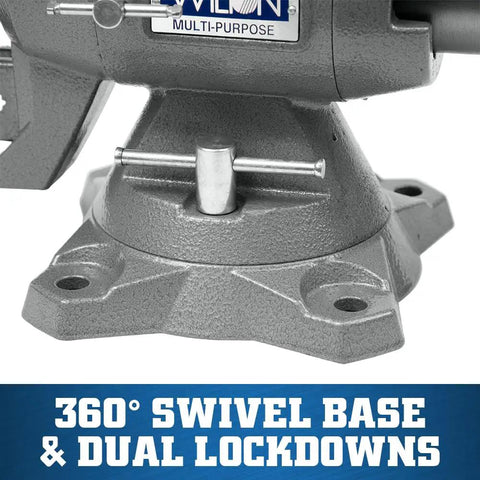 Multi-Purpose Bench Vise With 6-1/2 Inch Jaw Width And 6-1/4 Inch Opening, 3-1/4 Inch Throat, 360 Degree Rotating Head, Indexed At 30 Degree Increments, Replaceable Hardened Steel Jaws, Built-In Anvil, Serrated Jaws For Secure Grip, swivel base