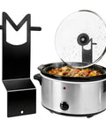 Premium Stainless Steel Slow Cooker Lid Holder And Crock Pot Stand Rack with clear lid and food inside, heavy-duty design.