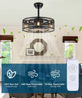 20 Inch Farmhouse Ceiling Fan With Lights Remote Control Black Industrial Cage Style Dope Reversible Motor Quiet Performance 3 Speed Settings Ideal For Living Room Bedroom Kitchen Dining Room with remote in living room.