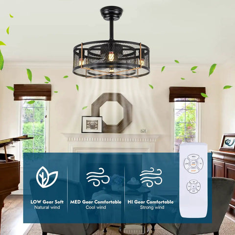 20 Inch Farmhouse Ceiling Fan With Lights Remote Control Black Industrial Cage Style Dope Reversible Motor Quiet Performance 3 Speed Settings Ideal For Living Room Bedroom Kitchen Dining Room with remote in living room.