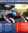 Installation comparison showing Foldable Car Windshield Sun Shade Umbrella With UV Block Coating Keeps Interior Cool On Blazing Hot Days 57 Inch