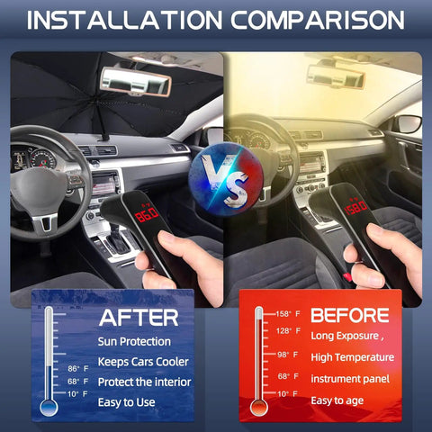 Installation comparison showing Foldable Car Windshield Sun Shade Umbrella With UV Block Coating Keeps Interior Cool On Blazing Hot Days 57 Inch
