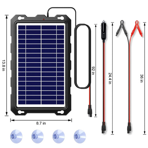 Dimensions and components of Upgraded 7.5W 12V Solar Battery Trickle Charger And Maintainer Kit With Smart Controller, Portable Waterproof Panel