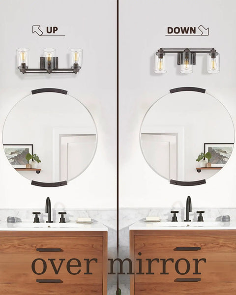 Industrial 3 Light Vanity Light Fixture For Bathroom Over Mirror In Oil Rubbed Bronze Finish mounted upward or downward