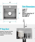 Prep Ready 15 Inch Workstation Sink Drop In Or Undermount 15x15 Inch Single Bowl 18 Gauge Stainless Steel dimensions and depth view