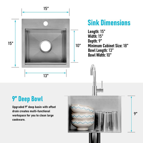 Prep Ready 15 Inch Workstation Sink Drop In Or Undermount 15x15 Inch Single Bowl 18 Gauge Stainless Steel dimensions and depth view