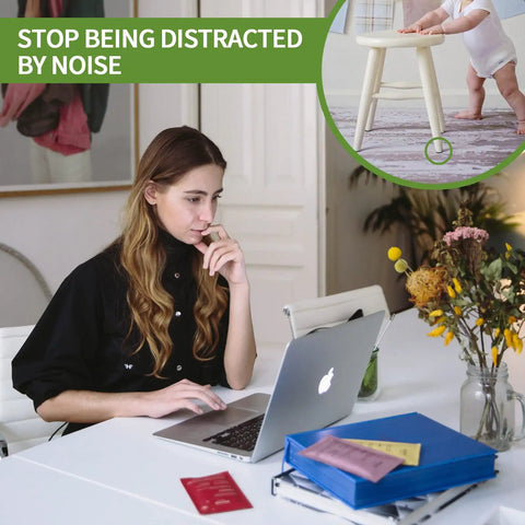 Woman working on laptop with inset showing scratch resistant floor sliders on chair leg preventing noise and dents.