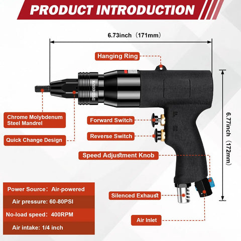 Pro Grade Heavy Duty Pneumatic Rivet Nut Gun Tool With 1 Quarter 5 Sixteenths 3 Eighths Self Locking Heads Embedded Muffler Vent Adjustable Speed