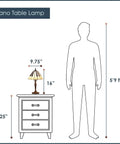 Diagram showing size comparison of 16-Inch Etienne Stained Glass Lamp With Black And White Piano Keys Shade on a nightstand with human silhouette.