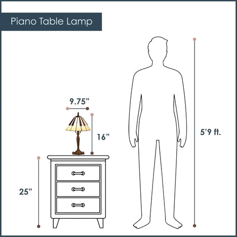 Diagram showing size comparison of 16-Inch Etienne Stained Glass Lamp With Black And White Piano Keys Shade on a nightstand with human silhouette.
