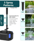Plug And Play Pond Filter With Pump Fountain Kit 400 GPH Three Spray Patterns Bell Volcano Daisy Water Feature For Outdoor Ponds 200 To 350 Gallons Koi Pond Filtration System With Telescoping Rod, showing spray pattern options and telescopic rod adjustments from 5.9" to 10.6".