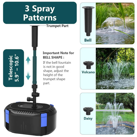 Plug And Play Pond Filter With Pump Fountain Kit 400 GPH Three Spray Patterns Bell Volcano Daisy Water Feature For Outdoor Ponds 200 To 350 Gallons Koi Pond Filtration System With Telescoping Rod, showing spray pattern options and telescopic rod adjustments from 5.9" to 10.6".