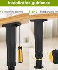 Installation steps for Heavy Duty Adjustable Bed Frame Support Legs Screw Mounted 8.3 To 14.5 Inches demonstrating screw and locking ring setup.