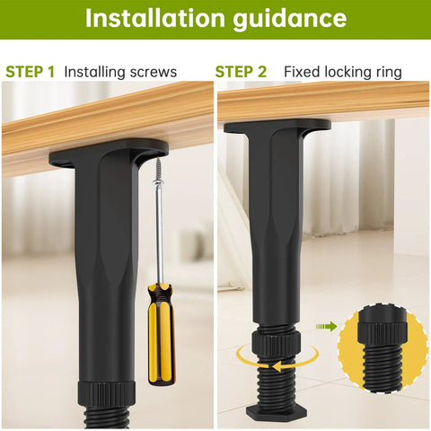 Installation steps for Heavy Duty Adjustable Bed Frame Support Legs Screw Mounted 8.3 To 14.5 Inches demonstrating screw and locking ring setup.