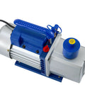 Pro Grade Hvac Vacuum Pump With Dual Mufflers For Whisper Quiet Operation And Slick 304 Stainless Steel Body Built For Hardcore Crews Demanding Rock Solid Performance On Every Job Site, view of blue handle and control knobs.