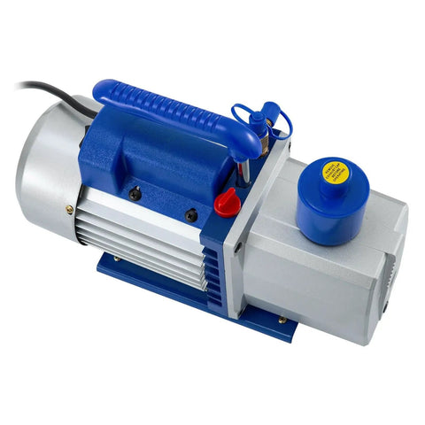 Pro Grade Hvac Vacuum Pump With Dual Mufflers For Whisper Quiet Operation And Slick 304 Stainless Steel Body Built For Hardcore Crews Demanding Rock Solid Performance On Every Job Site, view of blue handle and control knobs.