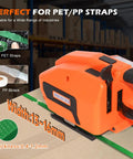 Built Tough Cordless Electric Strapping Machine With Bright Lcd Screen Dual Long Last Batteries For No Stress Pp Pet Strap Baling On Cartons And Heavy Pallets, showcasing PET and PP straps with machine details.