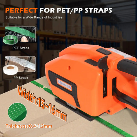 Built Tough Cordless Electric Strapping Machine With Bright Lcd Screen Dual Long Last Batteries For No Stress Pp Pet Strap Baling On Cartons And Heavy Pallets, showcasing PET and PP straps with machine details.