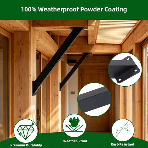 12 Pack 45 Degree Angle Bracket Kit For Wood Pergolas And Outdoor Builds Heavy Duty Carbon Steel Rustproof With Black Powder Finish Built To Last Sturdy Triangular Support That Keeps Beams From Wobbling Universal Wooden Connections. Black powder-coated 45° steel brackets on wooden pergola beam